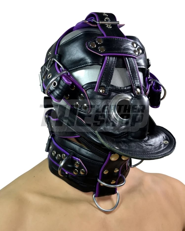 pornhint Pornhint Full Head Leather Bondage Hood Muzzle Gear Locking BDSM Mask Adjustable Harness Bondage