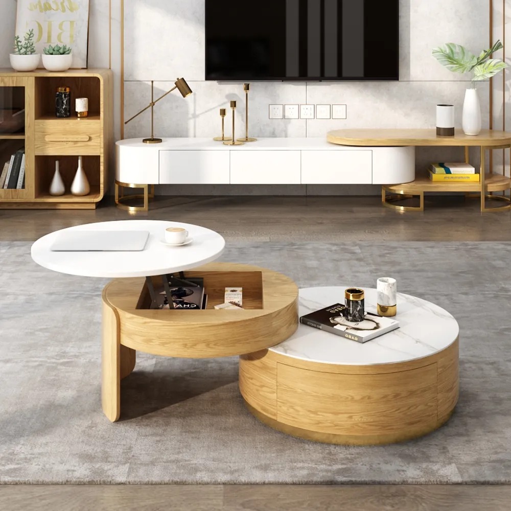 Modern Round Coffee Table with Lift-Top & Rotatable Drawers With Wood legs