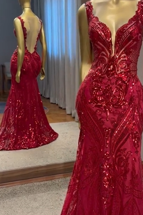 Lvs&Broner Straps Sleeveless Backless Long Mermaid Prom Dress with Appliques