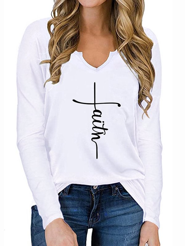 Faith Cross Series Printed V-Neck Long-Sleeve Tee