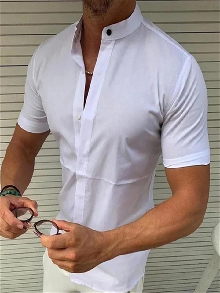 Men's Shirt Button Up Shirt Summer Shirt Casual Shirt Hot Pink Black White Pink Red Short Sleeve Plain Stand Collar Outdoor Street Button-Down Clothing Apparel Fashion Casual Breathable Comfortable-JRSEE