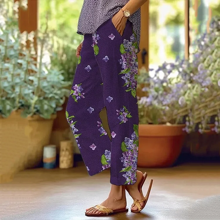 Comstylish Women's Purple Flower Loose Pocket Splicing Casual Pants