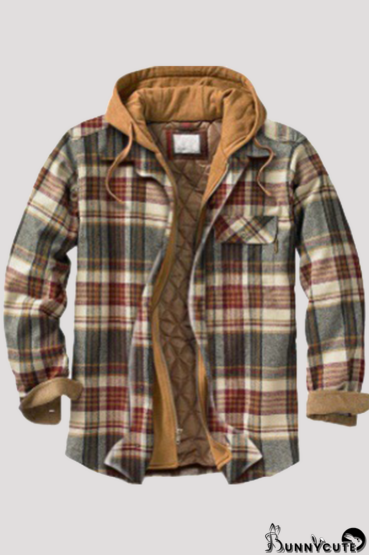 Red Gray Fashion Casual Plaid Split Joint Hooded Collar Outerwear