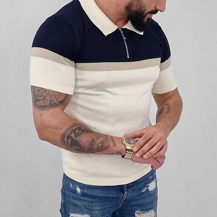 BrosWear Striped Color Block Color Matching Short Sleeved Polo Shirt