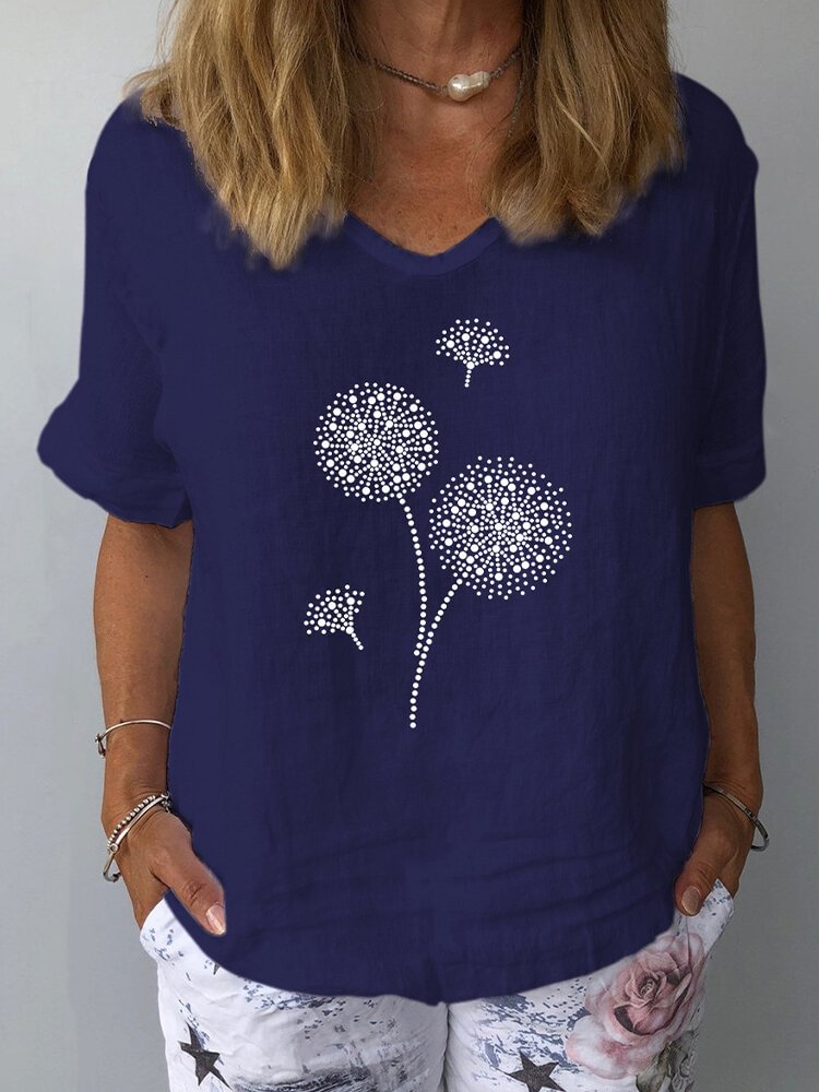 Flower Printed Half Sleeve V neck T shirt For Women P1704812
