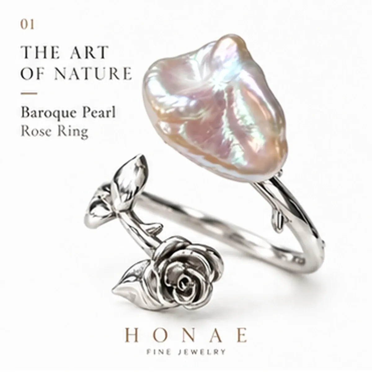 Baroque Pearl Rose Open Ring in 925 Sterling Silver | HONAE