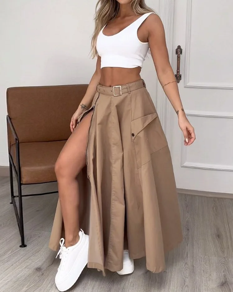 Sleeveless solid color slit two piece set