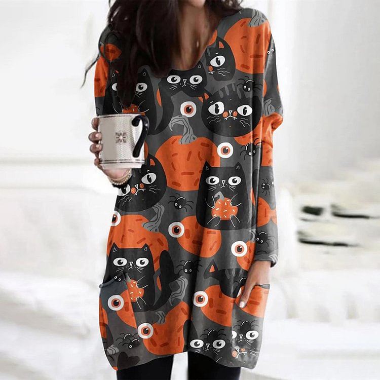 Vefave Pumpkin Cat Print Crew Neck Long Sleeve Casual Tunic
