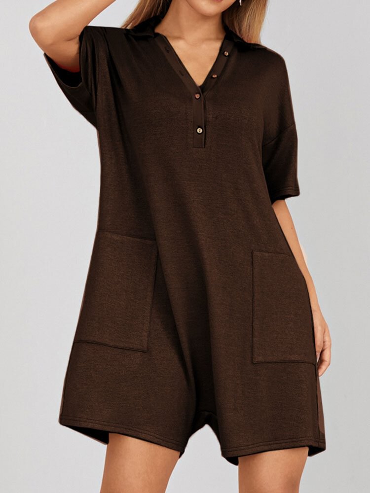 Solid Color Front Button Lapel Collar Casual Romper With Pocket - Life is Beautiful for You - SheChoic