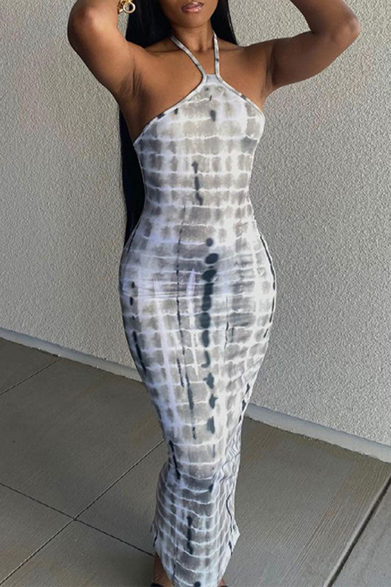 Sexy Striped Print Frenulum Contrast Halter Printed Dresses