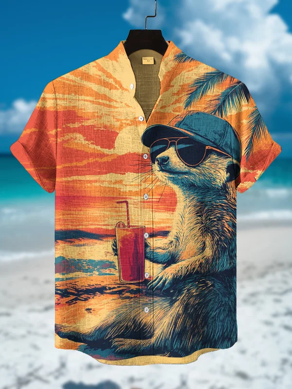 Men's Meerkat Beach Vacation Drinking Print Short Sleeve Shirt
