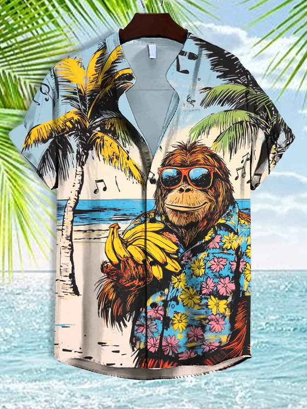 Men's Orangutan Holding Banana Vacation Art Print Casual Shirt