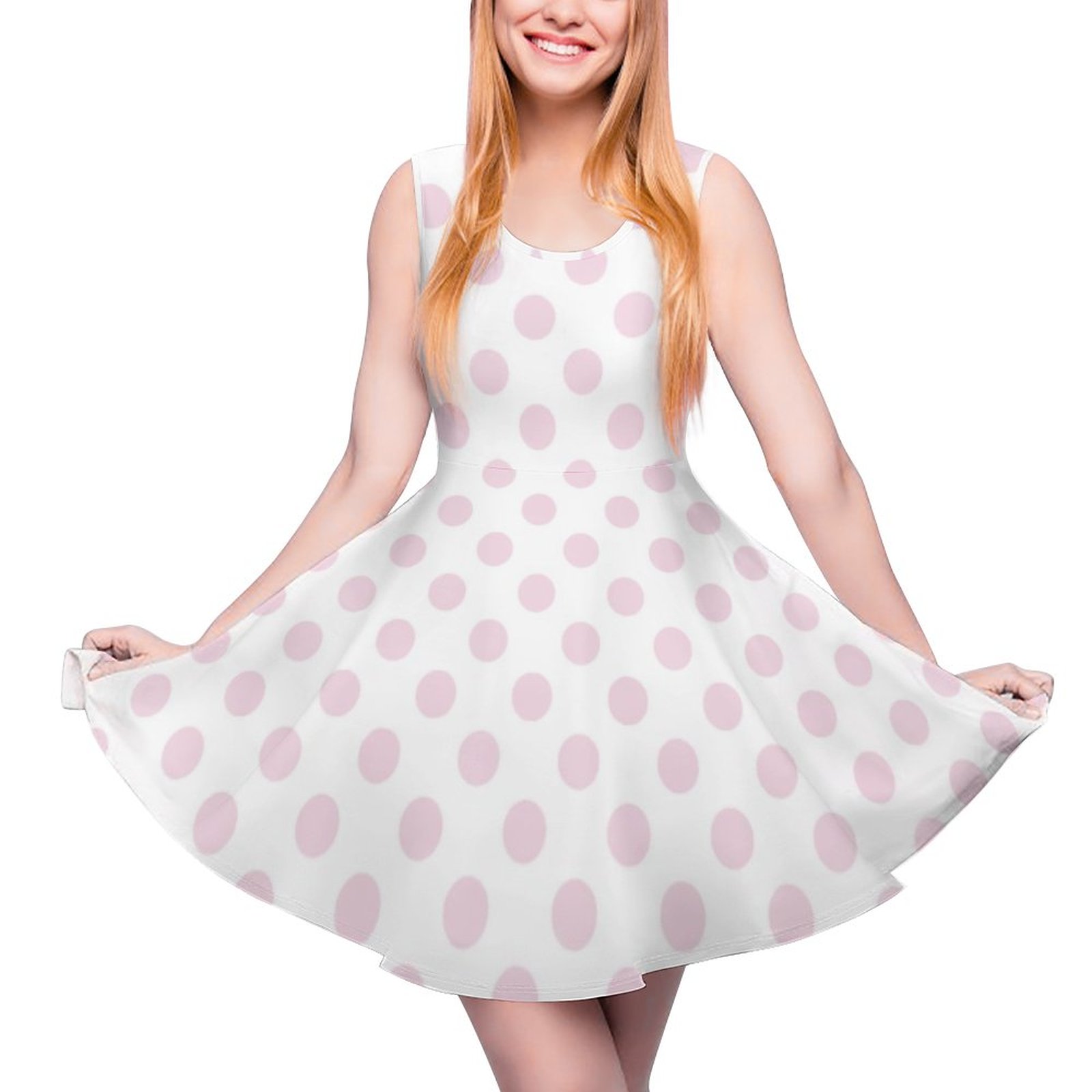 Pastel Pink And White Polka Dots Crewneck Aline Skater Dress for Business  Casual