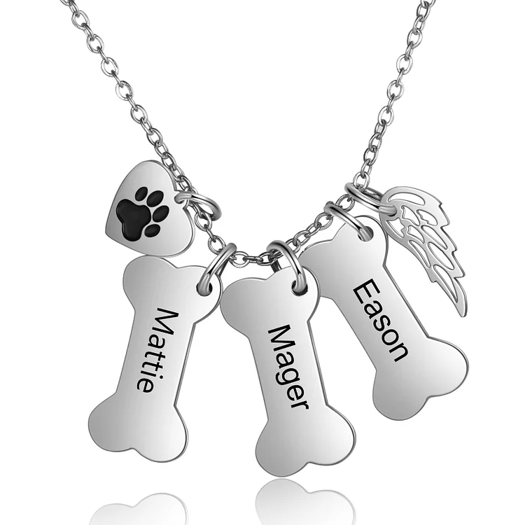 Custom Dog Bone Necklace with Angel Wing Charm Engraved 3 Names Pet Necklace