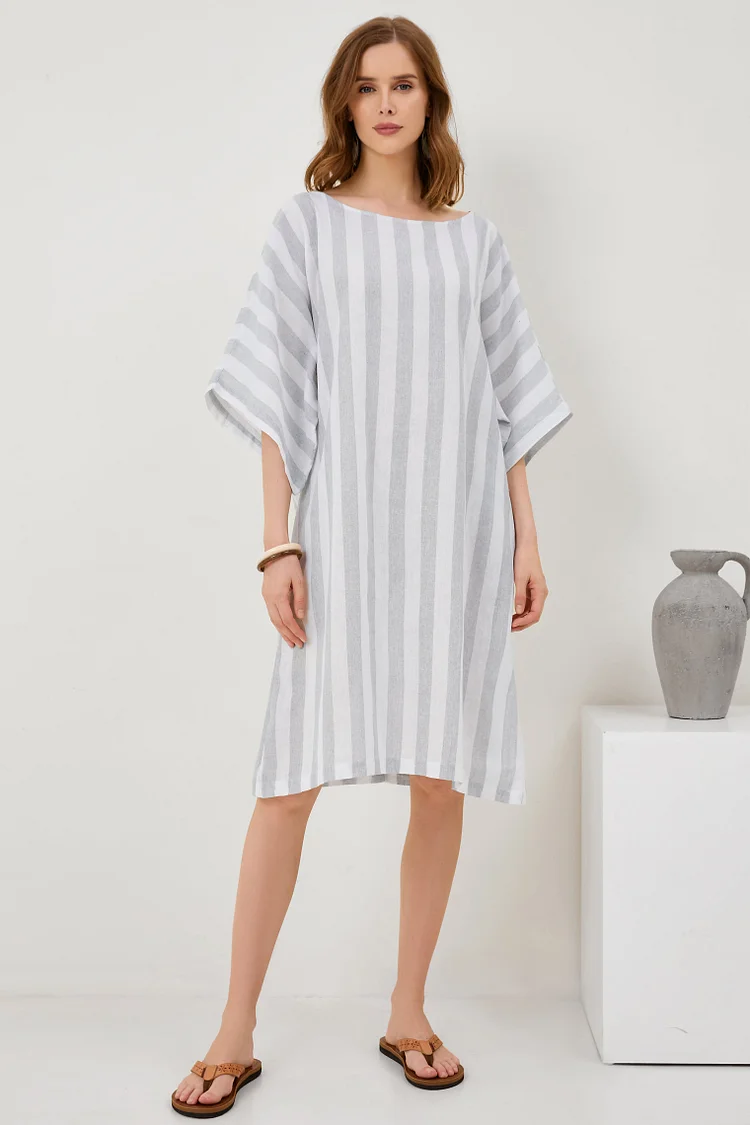 Cropped Sleeves Round Neck Cotton And Linen Comfort Dress[ Pre Order ]