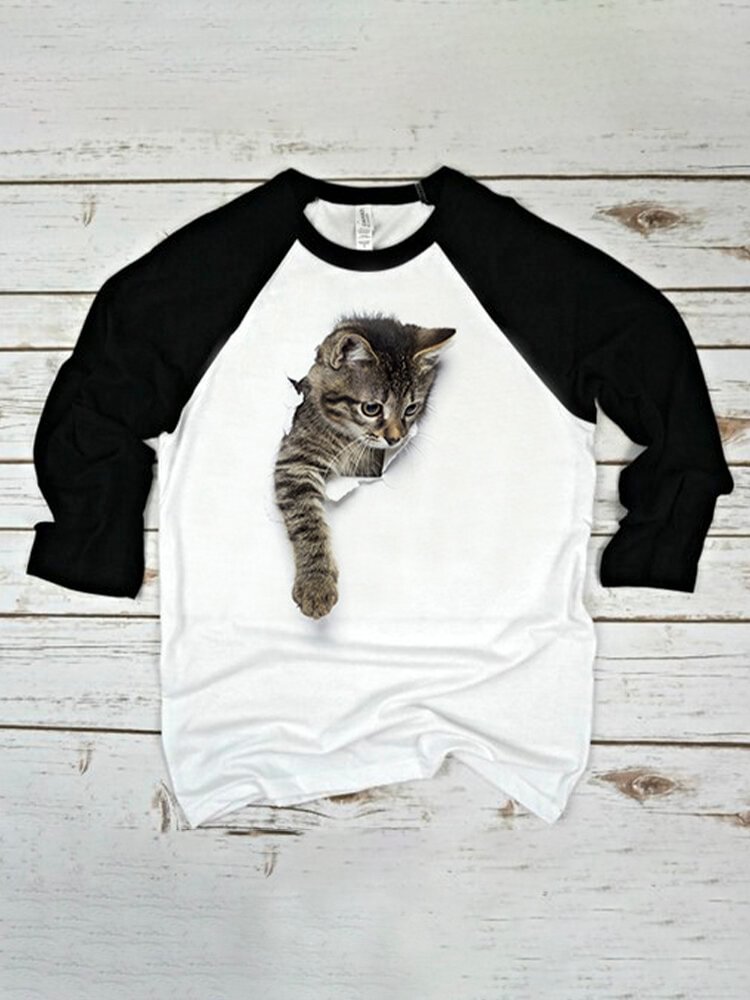 Cute Cat Print Raglan Sleeves O neck Casual T shirt For Women P1766862