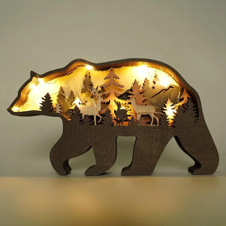 Brown Bear Wooden Home Decoration 3D Carving Forest Animal Night Light