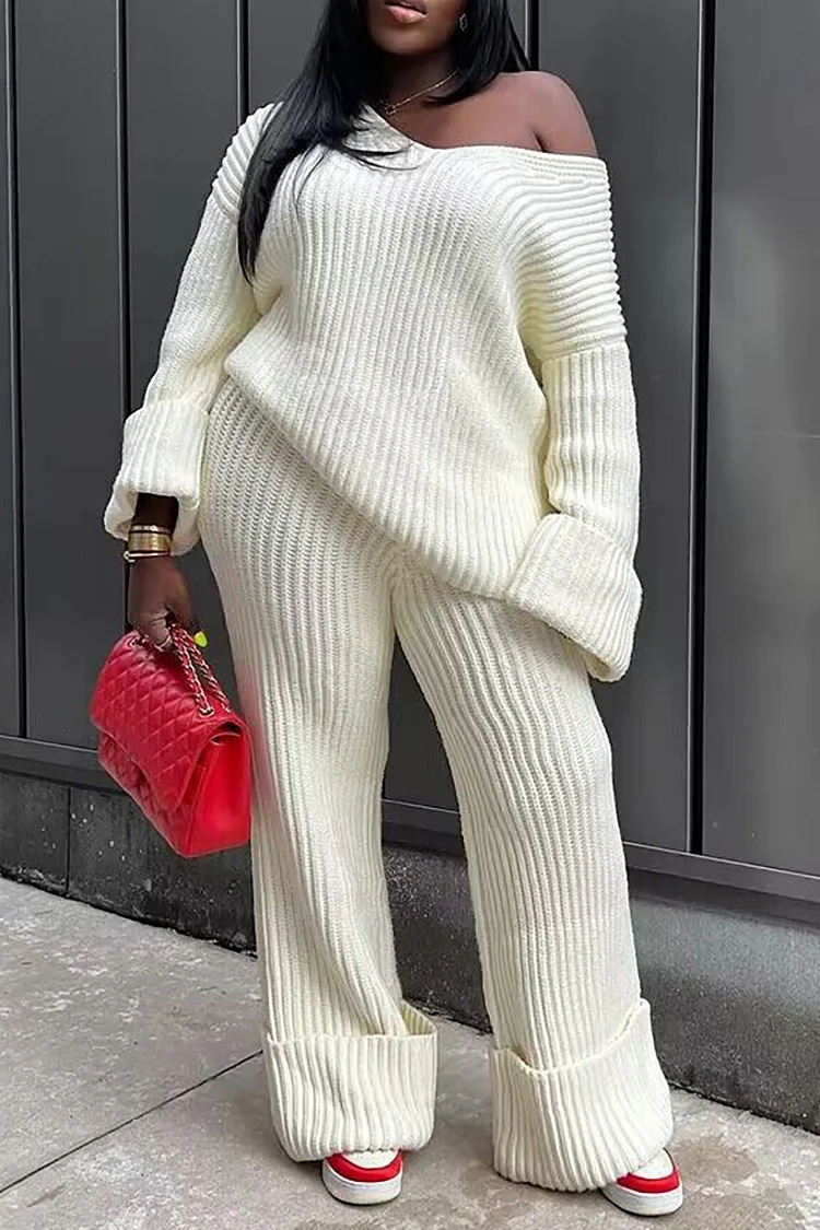 Pleated Knit Off Shoulder Long Sleeve Sweater Straight Leg Pants Matching Set-White
