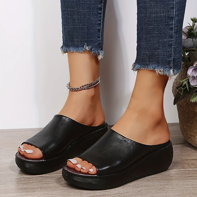 Women's Wedge Sandals, Slip On Open Toe Soft Sole Wear-resistant Slides, Faux Leather Platform Slides