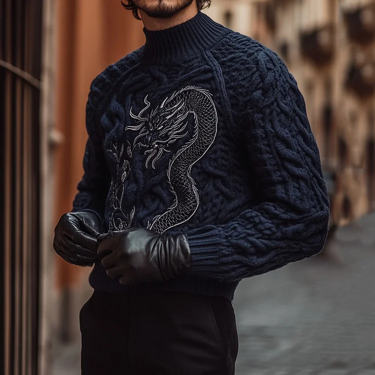 Men's Chunky Knitted Dragon Totem Turtleneck Sweater