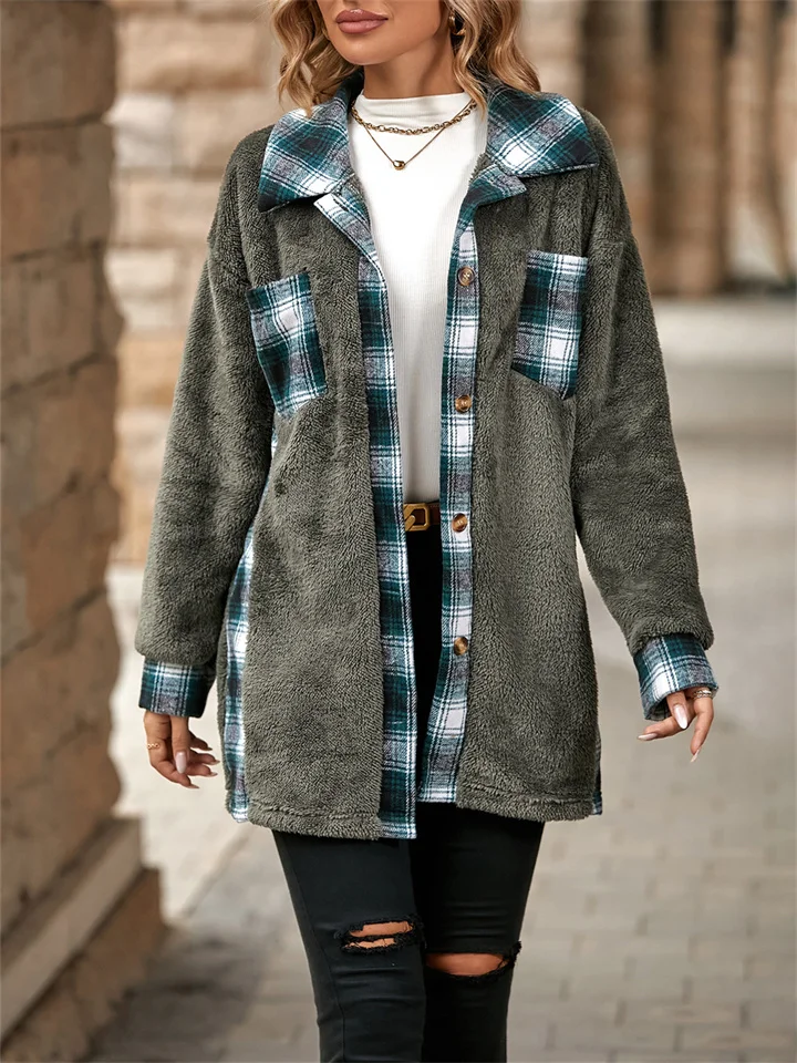 Women's Fall and Winter Temperament Commuter New Single-breasted Lapel Medium-length Loose Type Plaid Plush Coat-JRSEE