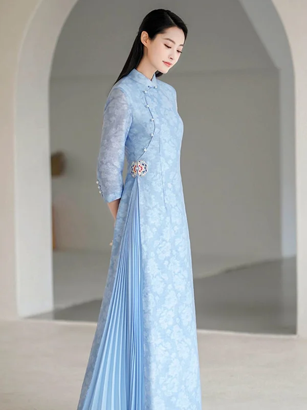 Fashion Vintage Light Blue Jacquard Long Cheongsams