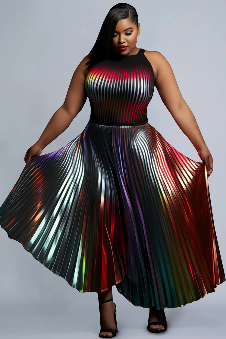Xpluswear Design Plus Size Party Multicolor Halter Collar Metallic Pleated Midi Dresses [Pre-Order]
