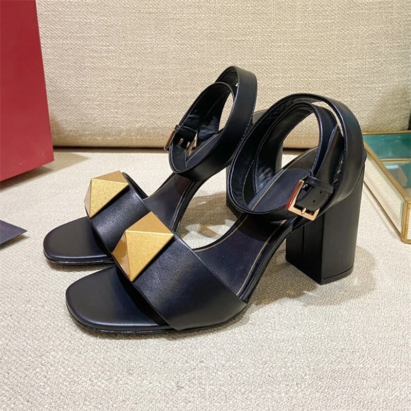 Leather Ankle Strappy Sandals Women Chunky Heel Big Metal Rivet Open Toe Shoes