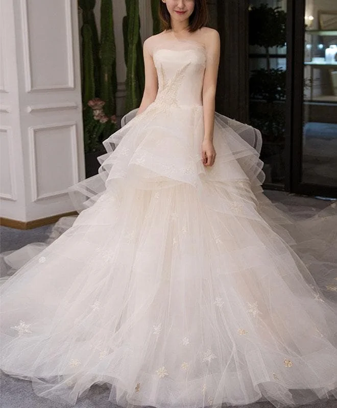 Light Champagne Tulle Long Wedding Dress, Champagne Bridal Dress