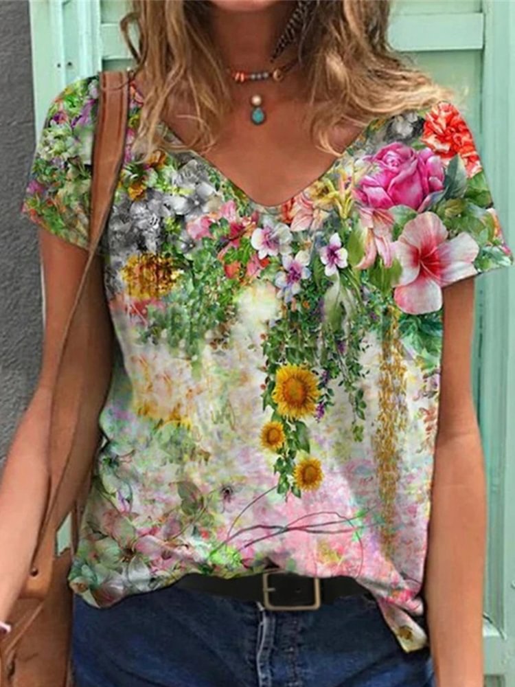 V Neck Printed Short Sleeve Loose T Shirt P181314815