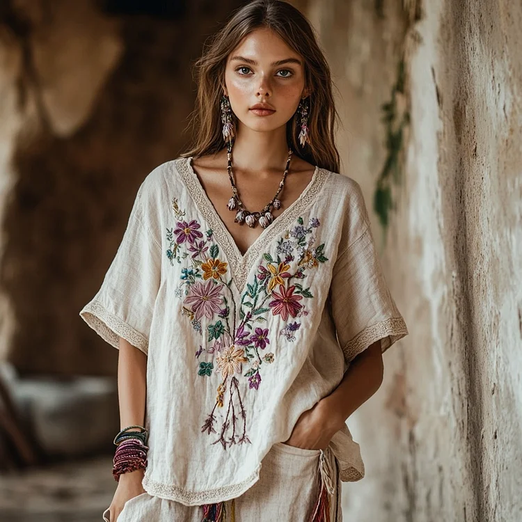 Women's Floral Embroidery V Neck Casual Linen Top