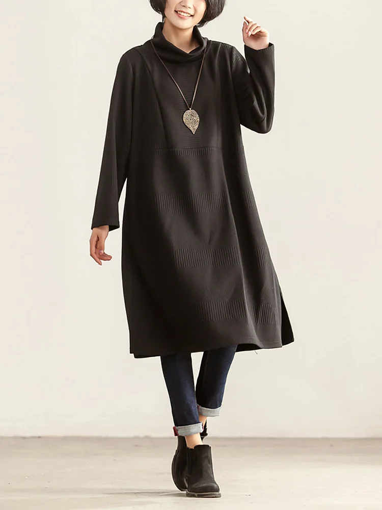 Plus Size Women Winter Autumn Turtleneck Long Sleeve Black Dress
