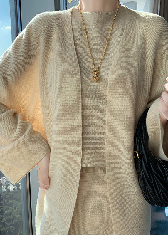 Women Light Camel V Neck Lace Patchwork Knit Cardigans Spring TD024 main image 1