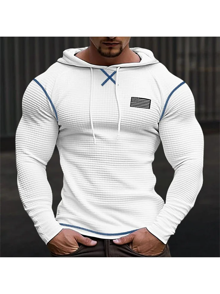 Casual Basic Men's Solid Color Round Neck Pullover Hooded Drawstring Waffle T-Shirt Tops Vacation Long Sleeve Casual Fashion