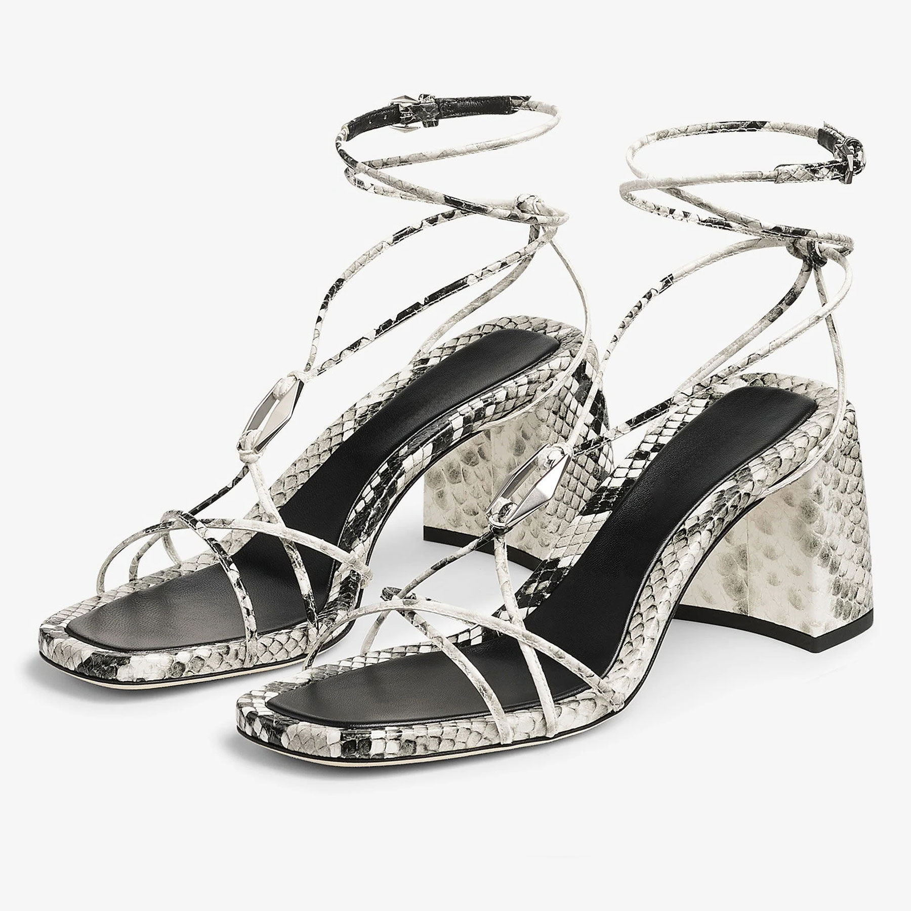 White Gray Snakeskin Square Toe Wrap-Around Strappy Heeled Sandals