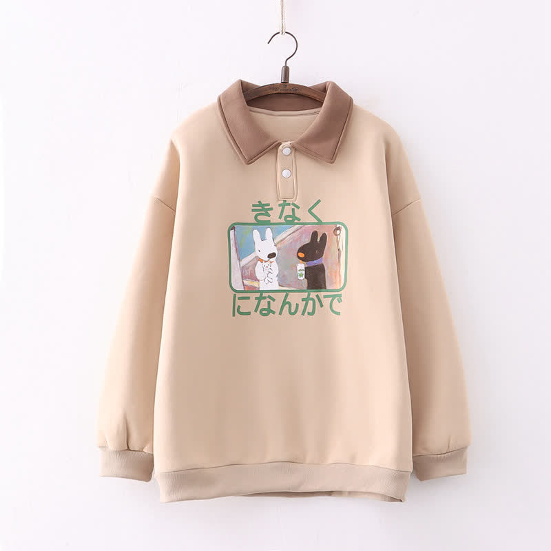Cartoon Rabbit Bear Print Lapel Plush Sweatshirt