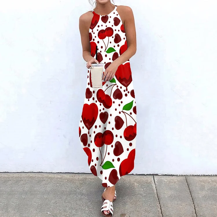 Cherry Heart Print Sleeveless Maxi Dress