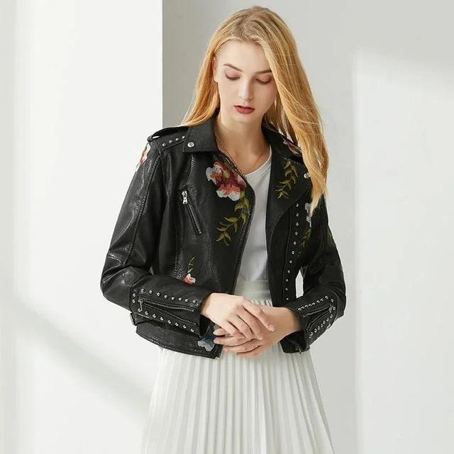 Chic Lapel Floral Embroidery Long Sleeve Zip-up Faux Leather Jacket