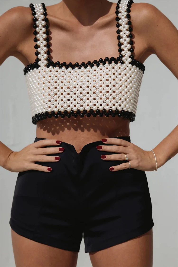 Hollow Back Lace Up Pearl Tank Top-White