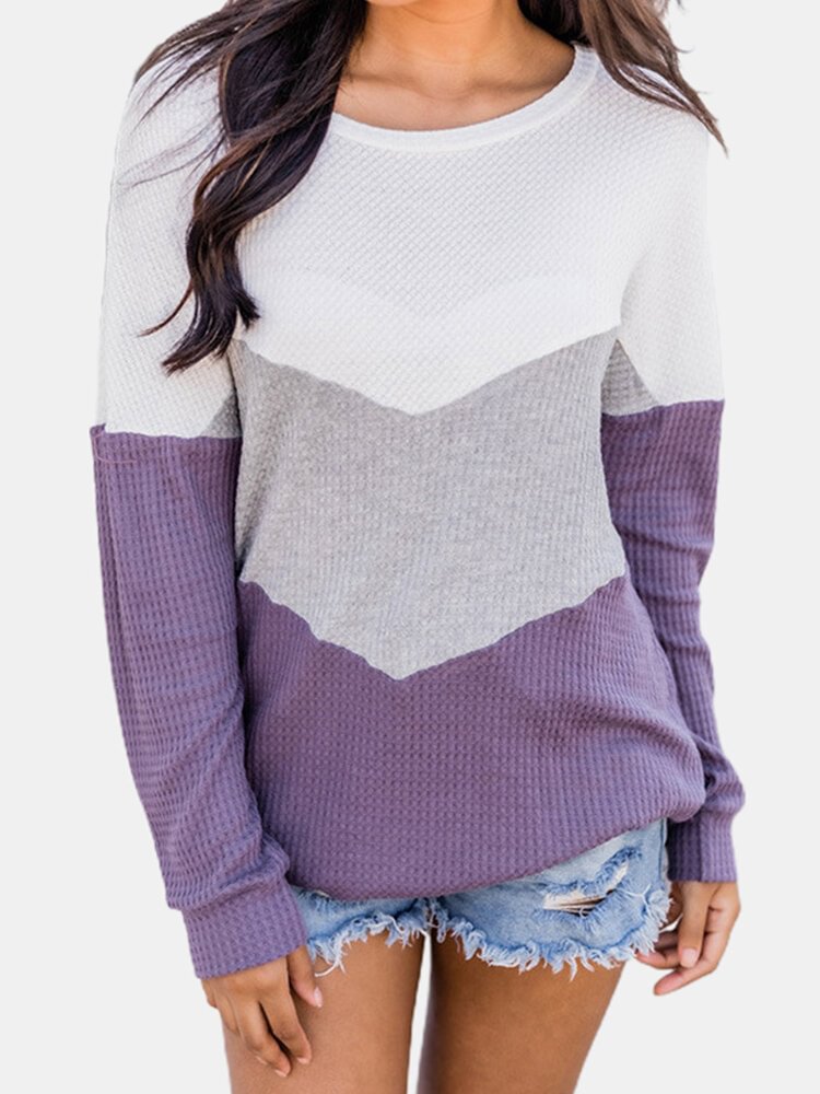 Contrast Color Long Sleeve O-neck Patchwork Sweater For Women