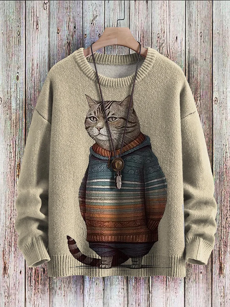 Cute Winter Cat Art Pattern Print Casual Knit Pullover Sweater
