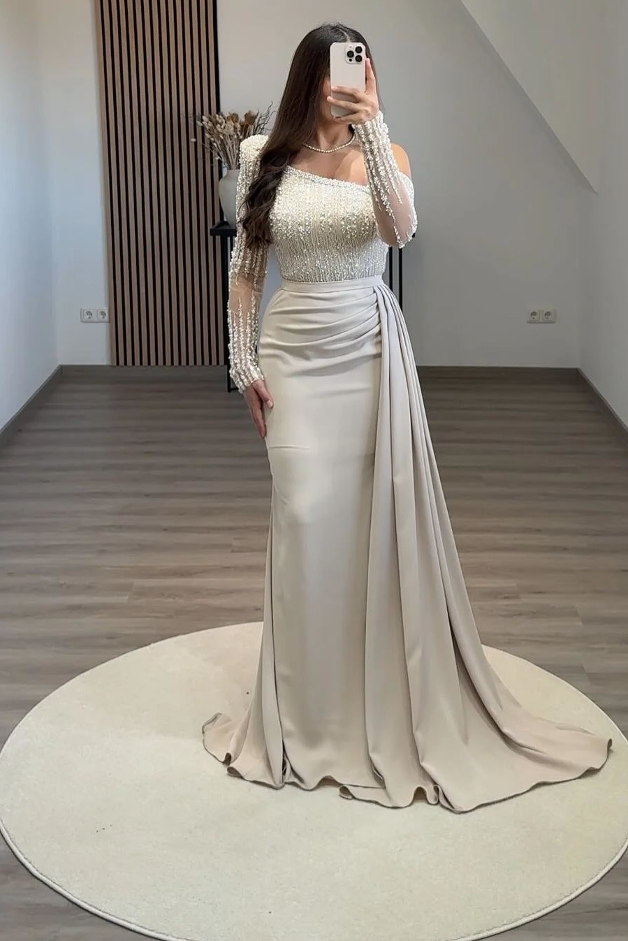 Lvs&Broner One shoulder Long Sleeves Long Mermaid Beadings Prom Dress With Pleated