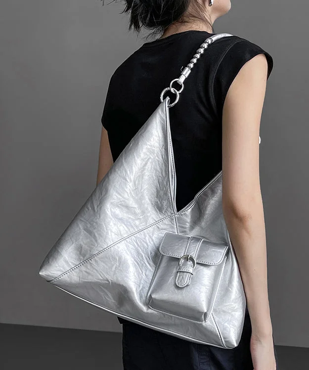 Women Silver Durable Large Capacity Faux Leather Satchel Handbag