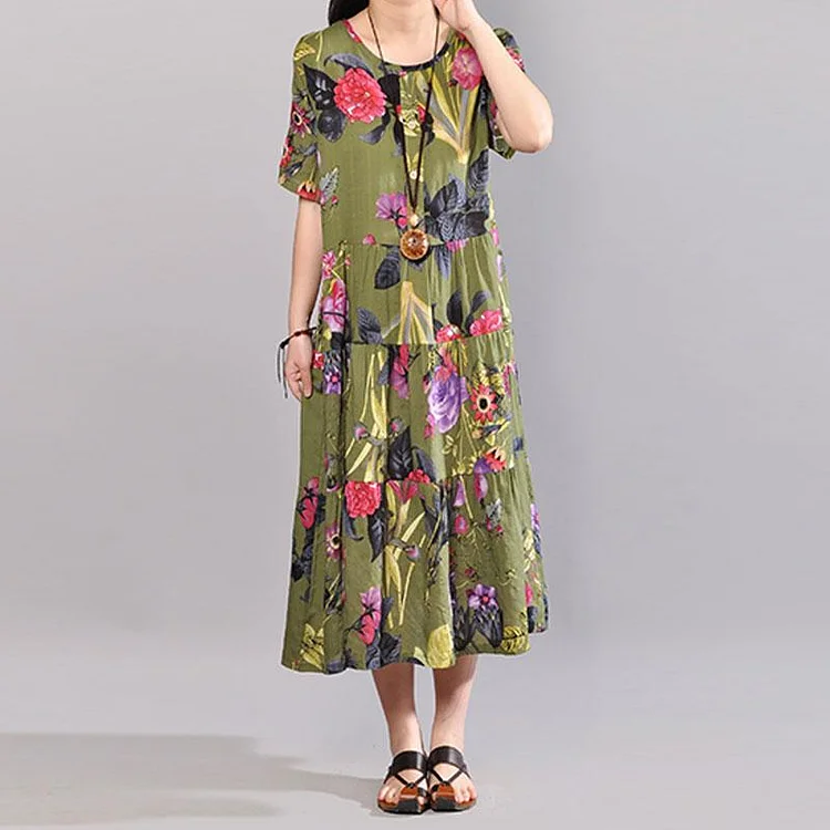 baggy cotton sundress plus size clothing Retro Printed Dresses Summer Short Sleeve Green Dress