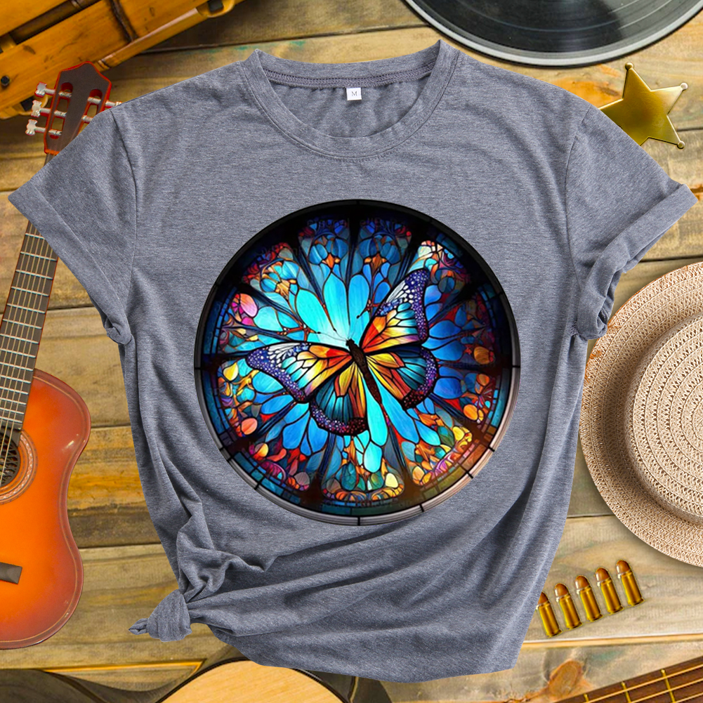 Colorful Butterfly Pattern Neck T-shirt-Guru-buzz