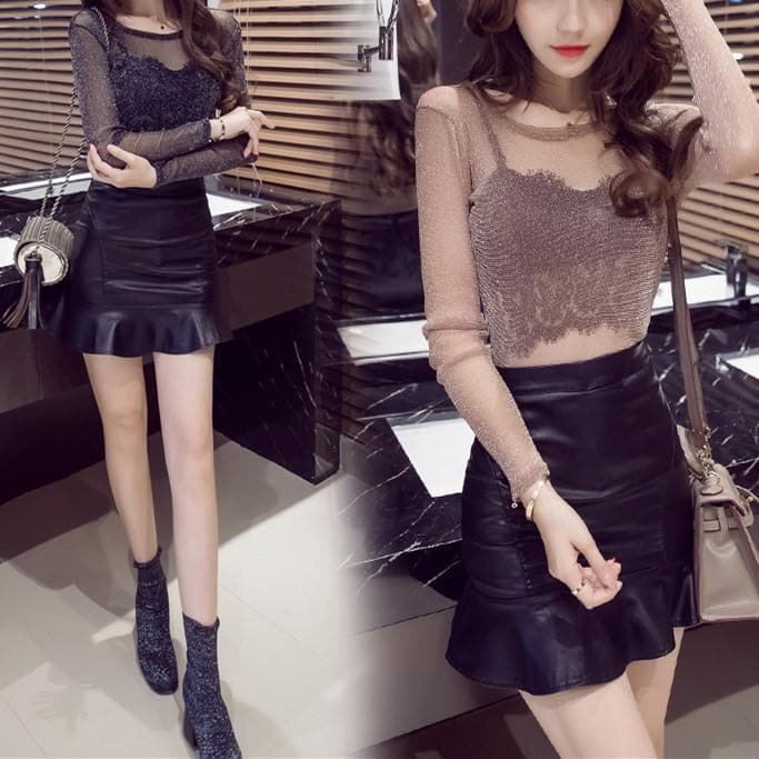 Khaki/Grey/Black Sweet Tulle Club Top/PU Skirt SP1811875