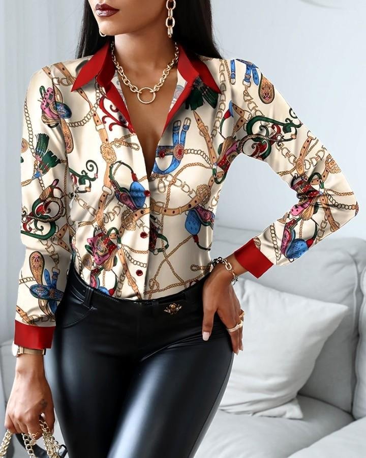 Chain Scarf Print Button Design Shirt P10691