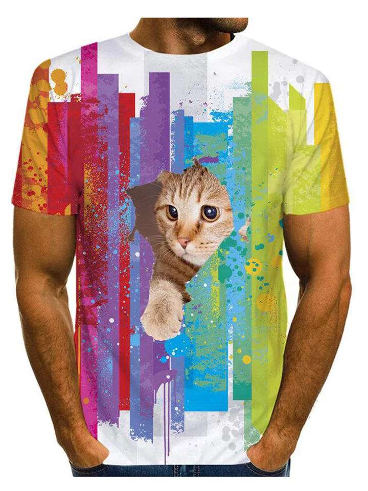 Colorful Printed Cat Pattern Short Sleeve Men's Summer Casual Short Sleeve