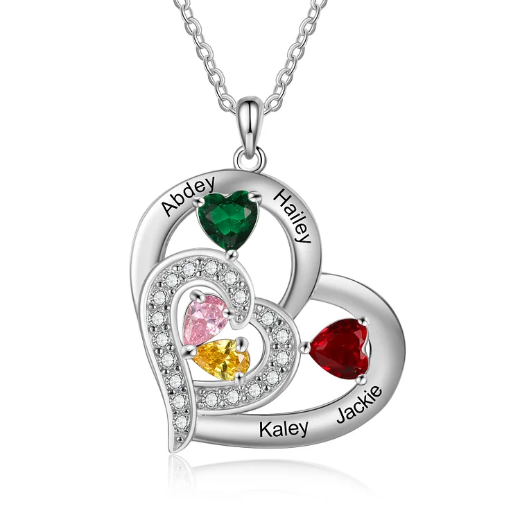Personalized Heart Necklace Custom 4 Names Birthstones Necklace for Family