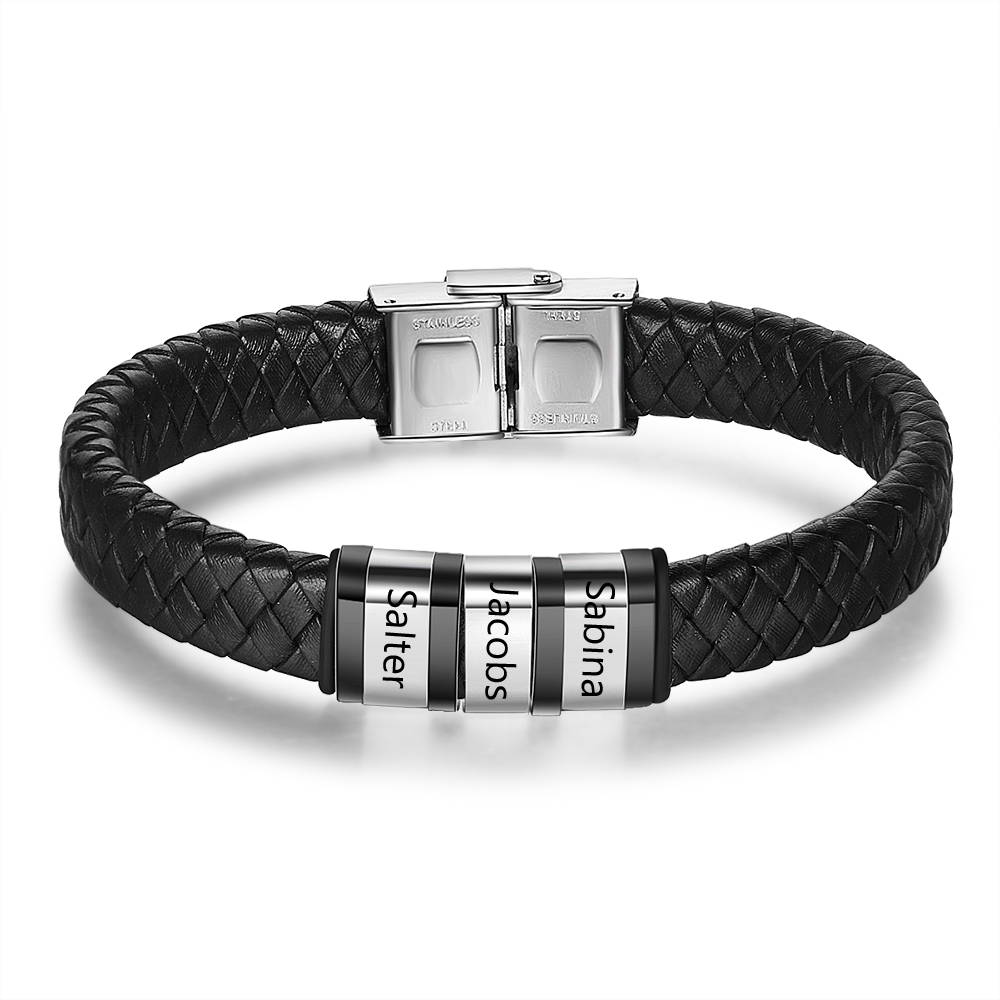 Pulsera De Cuero Trenzado De Hombre Con 3 Perlas Personalizadas Con 3